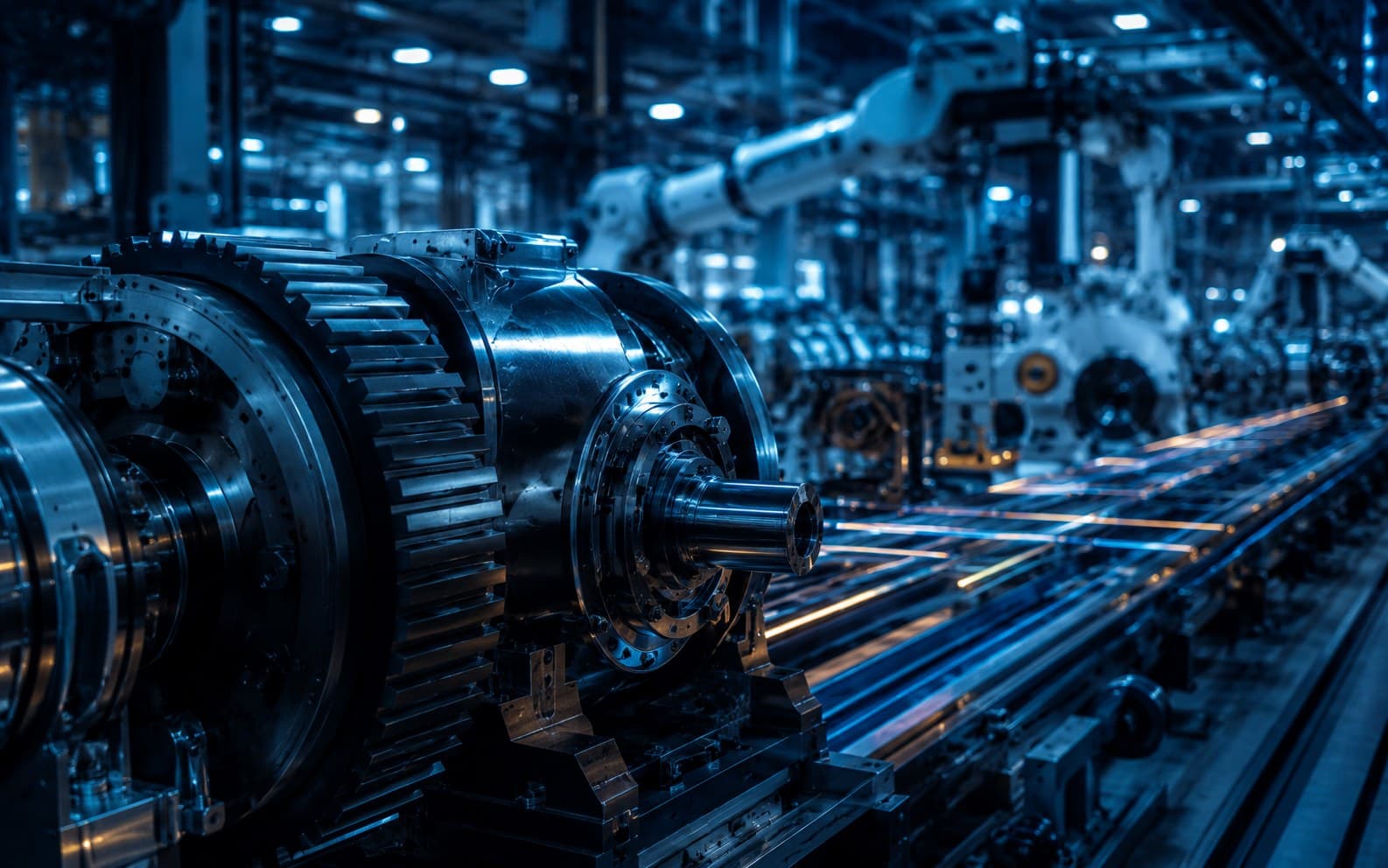 Industrial precision machinery on a production line — the substrate of operational transformation.