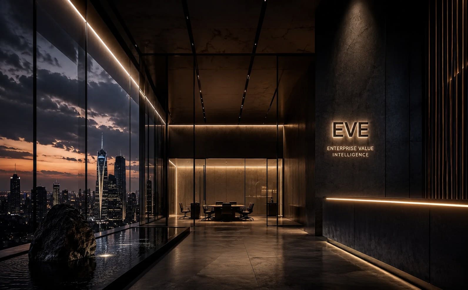 EVE — Enterprise Value Intelligence. An executive suite at dusk overlooking the city skyline.