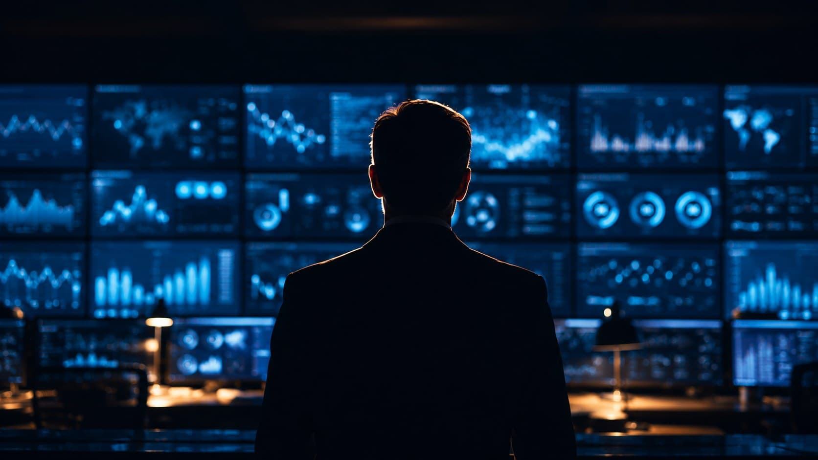 EVE Live in operation — an executive monitoring a wall of real-time enterprise value dashboards. The control tower for organizational performance.
