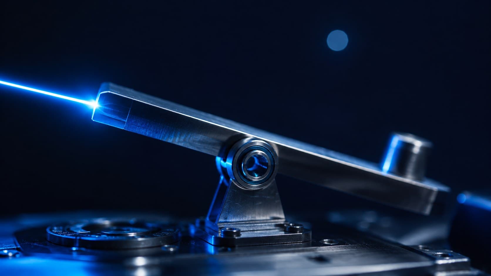 A precision-engineered lever calibrated by a cyan-blue laser beam — the diagnostic instrument that measures, with engineering precision, where enterprise value is being created and where it is being lost.